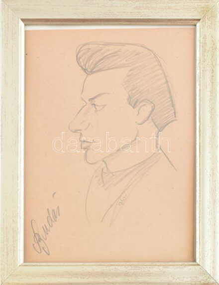 Szegő Gizi (1902-1985): Budai II László (1928-1983), az Aranycsapat játékosa által aláírt portréja! Jelzett (gis), 20x14 cm Üvegezett keretben / Autograph signed portait of László Budai, football player of the Hungarian Golden Team.