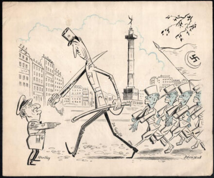 Pályi Jenő (1903-1953), 2 db rajz egy lapon: Horthy-karikatúra és Diósgyőr. Tus, kréta (Horthy-karikatúra), szén (Diósgyőr), papír, mindkét oldalán jelzett. Lapméret: 25,5x30 cm