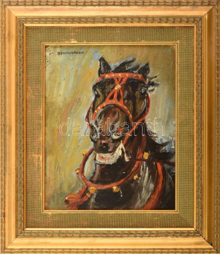 Benyovszky István (1898-1969): Lóportré. Olaj, karton, jelzett, dekoratív fakeretben, 25×20,5 cm