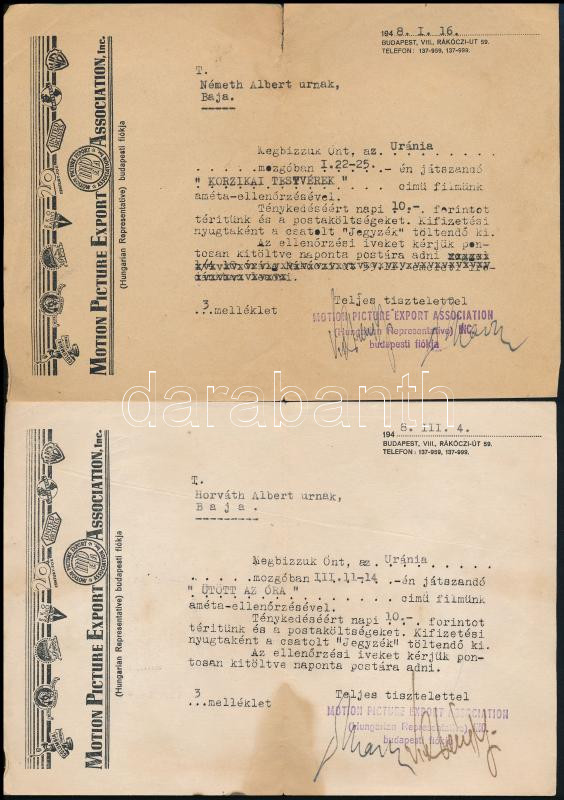 1948 A Motion Picture Export Association magyarországi képviseletének 2 db megbízólevele, az Uránia moziban játszandó filmek améta-ellenőrzéséről. Aláírásokkal, bélyegzővel. + A Magyar Film c. folyóirat 1943. májusi szám