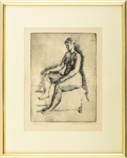 Ábrahám Rafael (1929-2014): Női akt. Rézkarc, papír. Jelzett. Próbanyomat. Üvegezett keretben. 17x13 cm