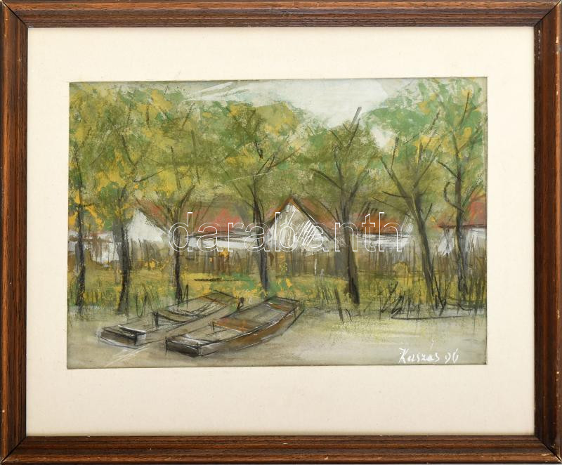 Kaszás István Viktor (1928-2015): Tiszapart. Gouache, papír, jelzett, fakeretben, 21,5x32 cm
