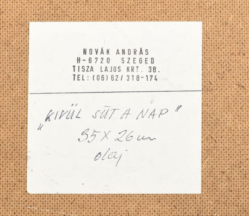 Novák András (1936-2017): Kívül süt a nap (női akt). Olaj, farost, jelzett, hátoldalán autográf felirattal és a művész bélyegzőjével, fakeretben, 35×26 cm - Image 3