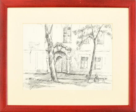 Arató István (1922-2010): Prágai részlet, 1956. Tus, papír, jelzett, üvegezett fakeretben, 19,5x26 cm