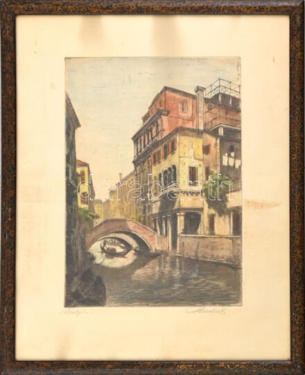 Paulovits Pál (1892-1975): Velence. Színezett rézkarc, papír, jelzett, lap széle kissé foltos, üvegezett fakeretben, 35×25 cm