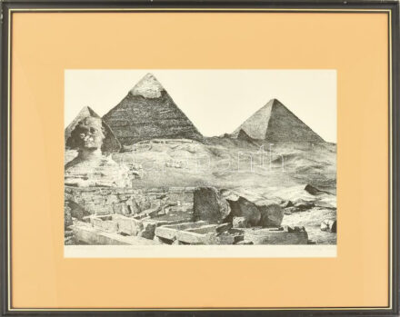 Gyulai Líviusz (1937-2021): Piramisok, 1990. Litográfia, papír, jelzett, művészpéldány EA. III./XXV. számozással, 30x45 cm. Üvegezett fakeretben.