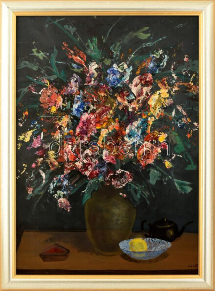 Keleti Jenő (1920-1998): Csendélet csokorral. Olaj, farost, jelzett, hátoldalán autográf felirattal és Képcsarnok Vállalat címkéjével. Dekoratív keretben, 70×50 cm