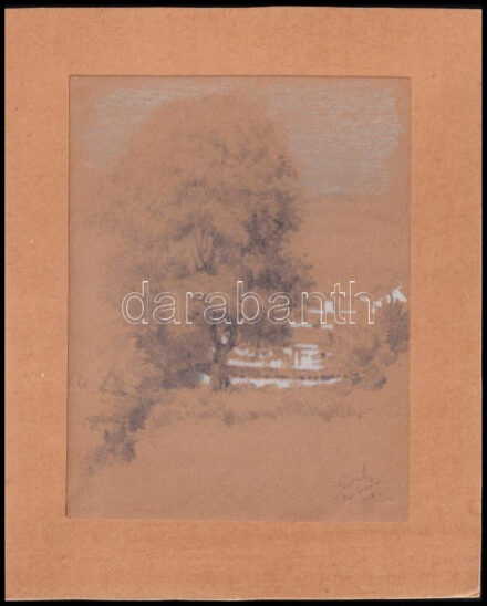 Olvashatatlan jelzéssel, XX. sz. eleje: Táj fával. Vegyes technika, papír, kartonra kasírozva. 13,5×10,5 cm