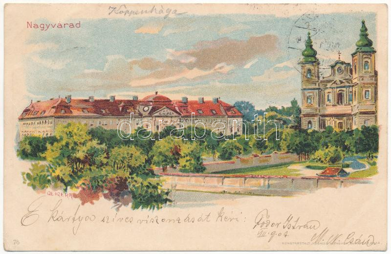 Nagyvárad, Oradea; Püspöki palota és székesegyház. Kunstanstalt Kosmos 76. Art Nouveau, litho / bishop's palace and cathedral s: Geiger R. (EK)