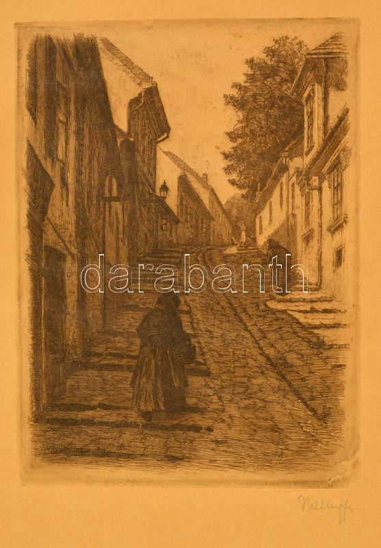 Helbing Ferenc (1870-1958): Tabán részlet. Rézkarc, papír, jelzett, 29×20 cm