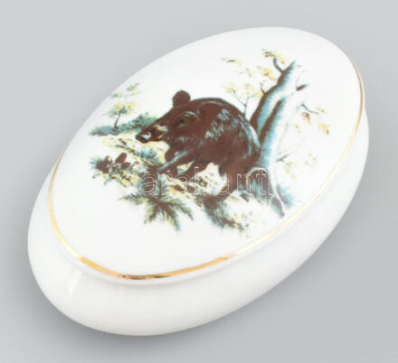 Hollóházi porcelán vaddisznós bonbonniere. Marticás, t, jelzett, hibátlan. 15 cm
