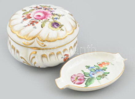 Herendi bonbonniere + hamus. Kézzel festett, jelzett, kis kopással d: 8 cm, 10x5,5 cm