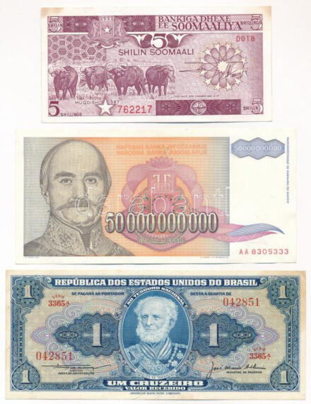 Brazília DN (1956) 1C + Jugoszlávia 1993. 50.000.000.000D + Szomália 1987. 5Sh T:I- folt Brazil ND (1956) 1 Cruzeiro + Yugoslavia 1993. 50.000.000.000 Dinara + Somalia 1987. 5 Shillings C:AU spotted