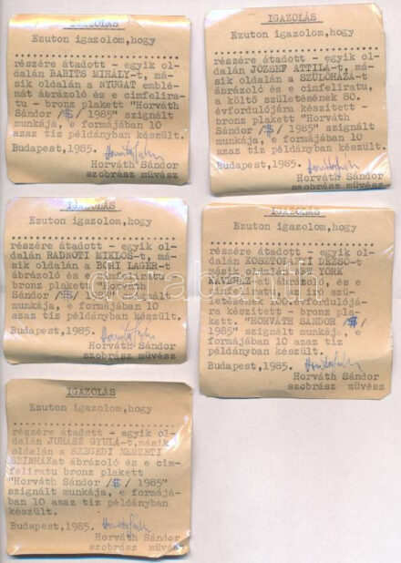 7 darab igazolás Horváth Sándor (1956-) szobrászművész munkáihoz, saját kezű aláírásokkal ellátva (~70x70mm) T:1-