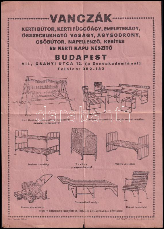 cca 1936 Vanczák kerti bútor, napellenző stb. üzletének reklámja, szakadással