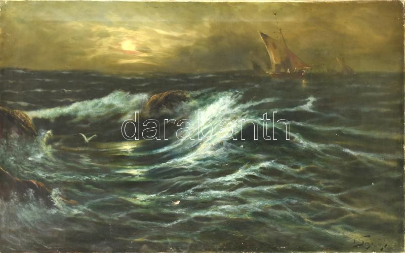 Olvashatatlan jelzéssel: Vitorlás holdfényben. Olaj, vászon. Sérült. 50x82 cm.