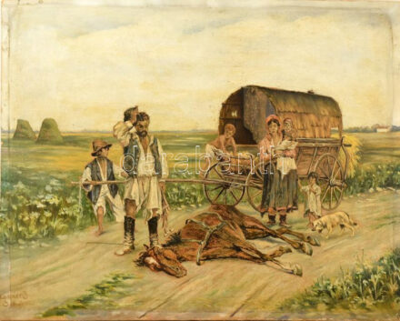 Kaszner B jelzéssel (Kaszner Béla ?): Család útközben, 1925. Olaj, karton. Kissé sérült. 54x68 cm.