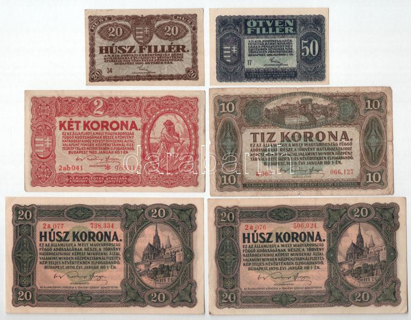 1920. 20f + 50f + 2K + 10K + 20K (2x) T:I--III- közte szakadás, folt