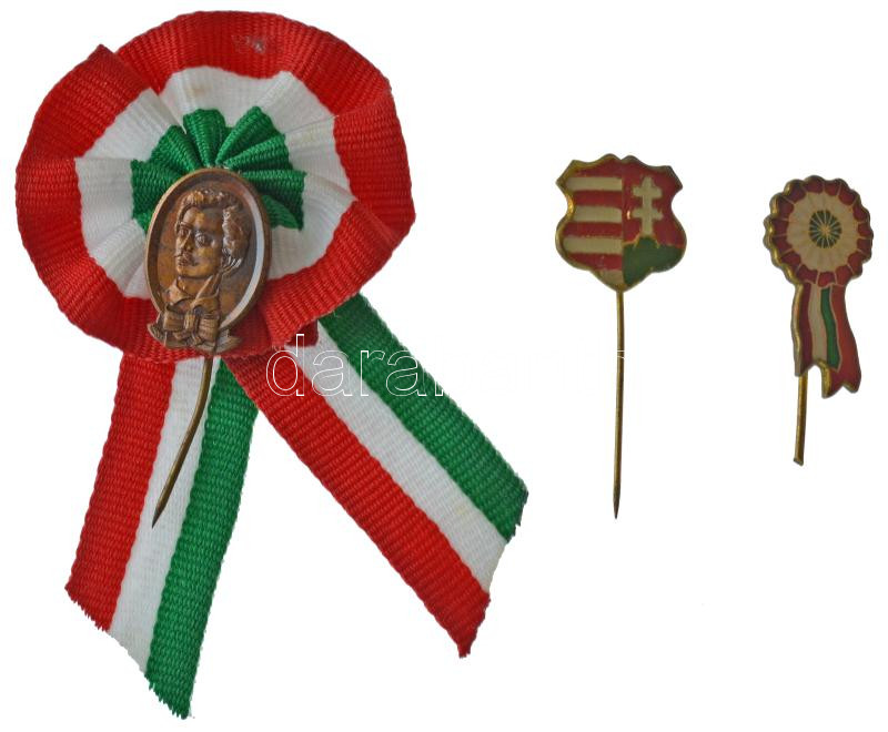 DN 'Petőfi Sándor' bronz jelvény kokárdára tűzve + 'Magyar címer' festett bronz lemezjelvény + 'Kokárda' modern, zománcozott bronz jelvény T:1-,2