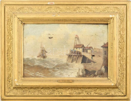 S. Erdőd (?) jelzéssel, XIX. sz. második fele: Vitorlás a holland partoknál. Olaj, vászon, sérült. Hátoldalán töredékes címkén német nyelvű felirattal. Dekoratív, sérült fakeretben. 18x29 cm