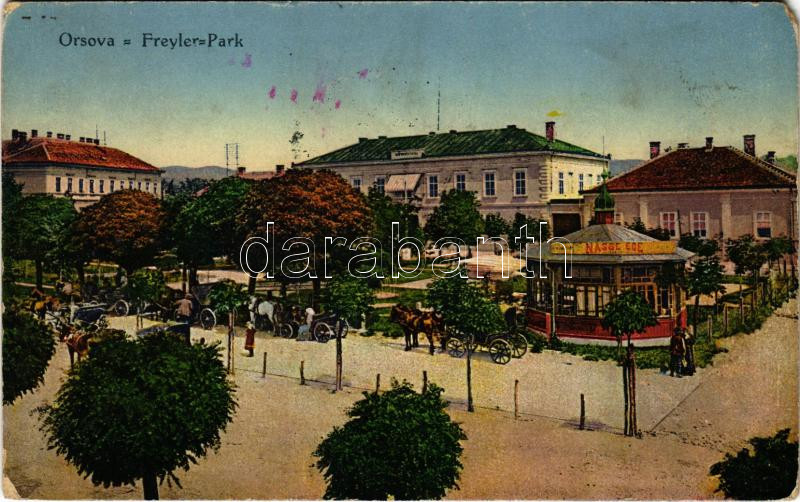 1917 Orsova, Freyler park, Nasse Ede üzlete. Hutterer G. kiadása / park, shop + 'K.u.K. Mobiles Bahnhofkommando' (EM)