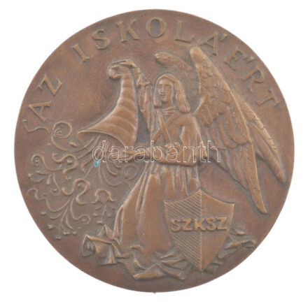 DN 'Az iskoláért - SZKSZ' egyoldalas bronz emlékérem (93mm) T:1-,2