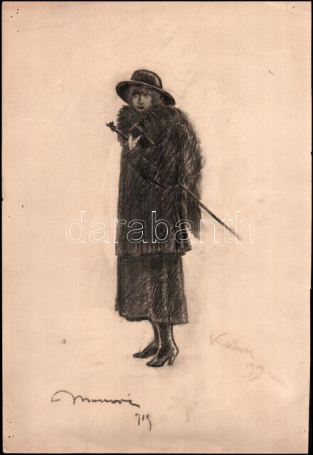 Monori Kovács Jenő (?-?): Hölgy kalapban. 1919. Szén, papír, jelzett, sarkainál rajzszeg nyomok, 43x29,5 cm
