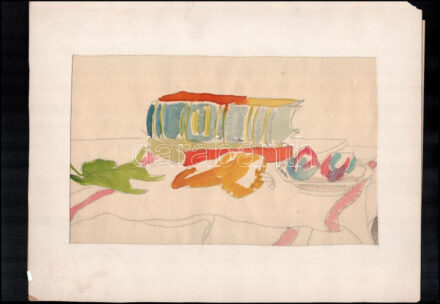 Jelzés nélkül: Csendélet. Akvarell, ceruza, papír, paszpartuban, hátoldalán: M.N.G. kivitelre engedélyezve pecsét. 18x30 cm