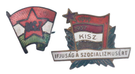 ~1950 'DISZ (Dolgozó Ifjúság Szövetsége)' zománcozott Cu jelvény (19x20mm) + 1957. '1919-1957 KISZ (Kommunista Ifjúsági Szövetség) Ifjuság a szocializmusért' zománcozott Cu jelvény (25x32mm) T:1-,2 zománchiba, sérült tű