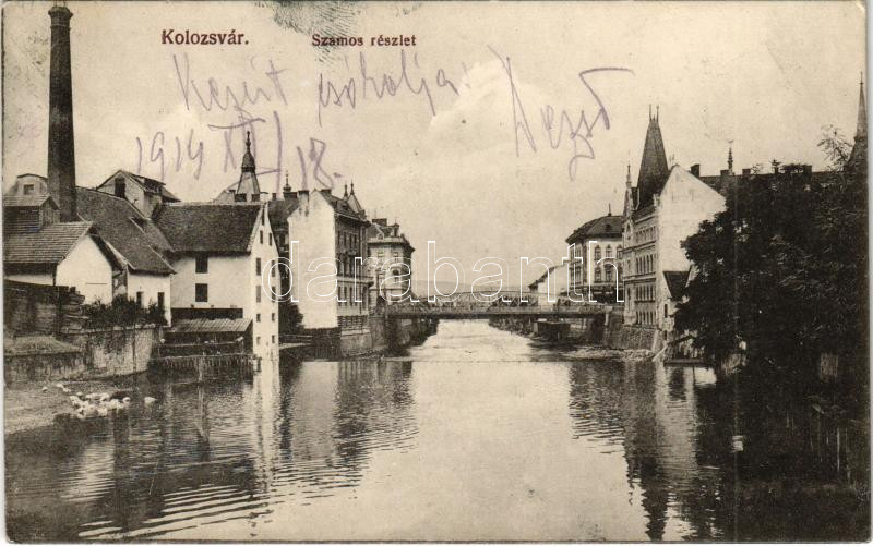 1914 Kolozsvár, Cluj; Szamos, híd, gyár / Somes river, bridge, factory (EK)
