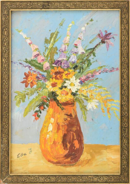 Ede J. jelzéssel: Virágcsendélet. Olaj, farost, 29x20 cm