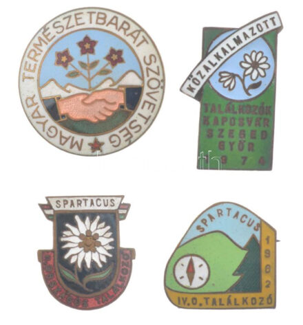 ~1953. 'Magyar Természetbarát Szövetség' zománcozott jelvény (30mm) + 'Spartacus II. Országos Találkozó' zománcozott Cu résztvevői jelvény (22x20mm) + '1962. 'Spartacus IV. Országos Találkozó' zománcozott tombak résztvevői