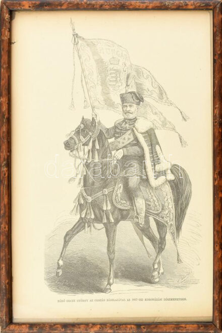 Rusz Károly (1811-1899) metszése, Haske rajza után: báró Orczy György az ország zászlajával az 1867-iki koronázási díszmenetben. Rotációs fametszet, papír. Jelzett a metszeten. Üvegezett, dekoratív fakeretben. Lap széle kissé