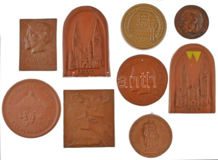 9 darabos magyar kerámia emlékérem és plakett tétel, közte 'Szeged', 'Kodály élt Debrecenben', 'Bartók Béla', 'Petőfi Sándor szobrának avatása' T:1--2-