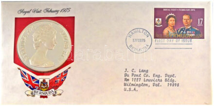 Bermuda 1975. 25$ Ag 'II. Erzsébet' érmés borítékban, első napi bélyegzős bélyeggel, 'Királyi látogatás 1975' műbőr tokban T:PP Bermuda 1975. 25 Dollars Ag 'Elizabeth II' in coin letter with first day of issue stamp, in 'Royal Visit: