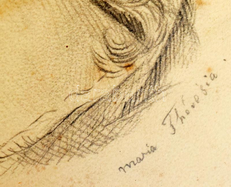 Jelzés nélkül: Mária Terézia portréja. Ceruza, papír, jelzés nélkül. Dekoratív, üvegezett fakeretben. 18x24 cm. - Image 2