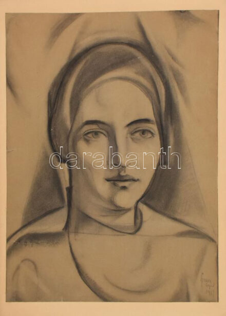 Szenes Árpád (1897-1985): Art deco hölgy portréja, 1929. Szén, papír. Jelezve jobbra lent. Lapszéli javított szakadásokkal. Kartonra kasírozva. 45×33 cm