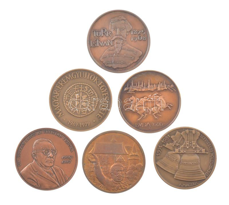 6 darabos bronz emlékérem tétel, közte 'Türr István', 'Buda visszafoglalásának 300. évfordulója', 'Dr. Huszár Lajos az éremtan tudósa' (42mm) T:1-