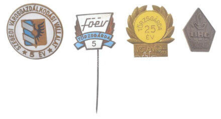 ~1965. 'Szegedi Városgazdálkodási Vállalat 5 év' zománcozott tombak tözsgárda jelvény (26mm) + 'FÓÉV (Fővárosi Óra Ékszer Vállalat) törzsgárda 5' zománcozott Cu jelvény (16x19mm) + 'BHG (Budapesti Híradástechnikai Gépgyár)