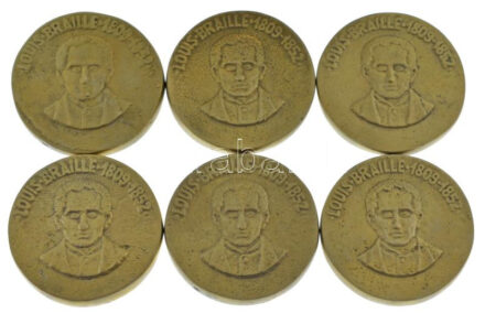 ~1990. 'Louis Braille 1809-1852' kétoldalas bronz emlékérem (6x) (35mm) T:1- ~1990. 'Louis Braille 1809-1852' two-sided bronze commemorative medallion (6x) (35mm) C:AU