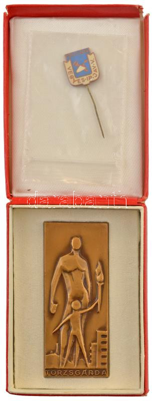 ~1955. Vegyes Ip. Jav. V. (Vegyesipari Javító Vállalat) törzsárgda' zománcozott Cu jelvény (19x12mm) + 'Törzsgárda / XIII Budapest' bronz plakett sérült dobozban (80x33mm) T:1