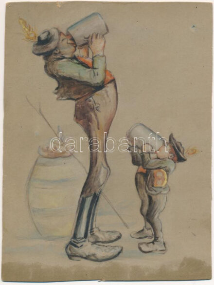 Jelzés nélkül: Bajor óriás és törpe sört vedel. Vegyes technika, karton, foltokkal, 22x16,5 cm