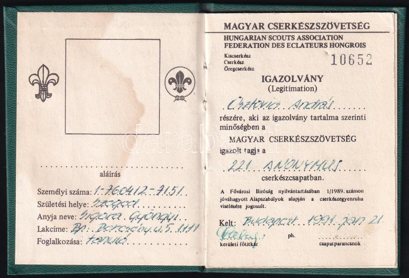 1991 Bp., Magyar Cserkészszövetség igazolvány