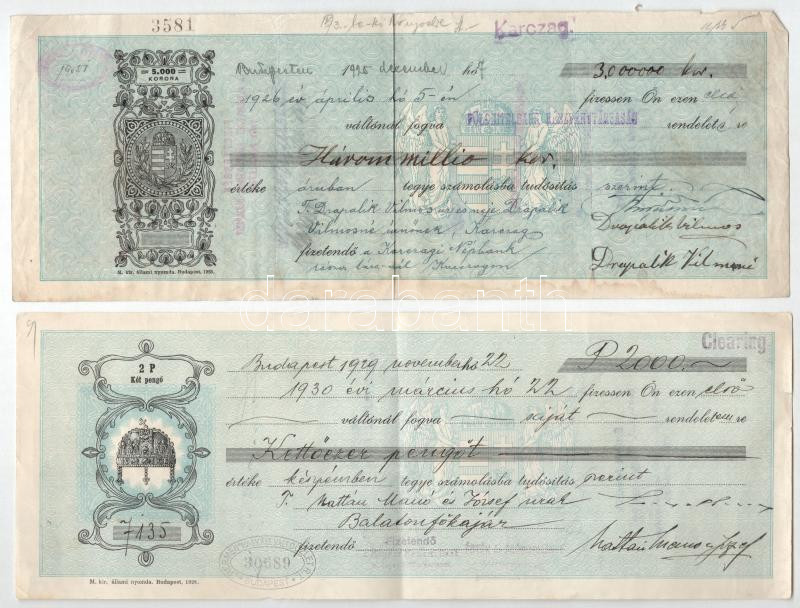 Budapest 1925-1929. 2db kitöltött váltó 2P-ről és 5000K-ról, bélyegzésekkel, lyukasztva T:III beszakadás