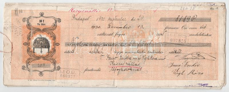 Budapest 1930. 10 darab 10f és 20f névértékű kitöltött váltó T:III szakadások