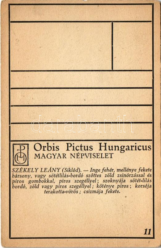 Siklód, Siclod; Székely leány / Transylvanian folklore art postcard. Orbis Pictus Hungaricus. 11. s: Horváth Jenő (EK) - Image 2