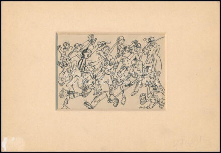 Szigety István: Merénylet karikatúra. Tus, papír, sérült paszpartuval, jelzett, 10,5x14,5 cm