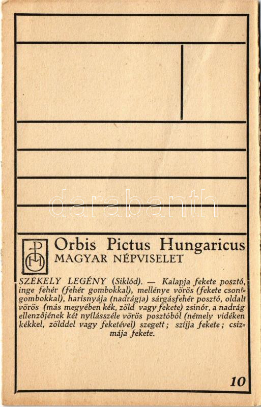 Siklód, Siclod; Székely legény / Transylvanian folklore art postcard. Orbis Pictus Hungaricus. 10. s: Horváth Jenő (fa) - Image 2