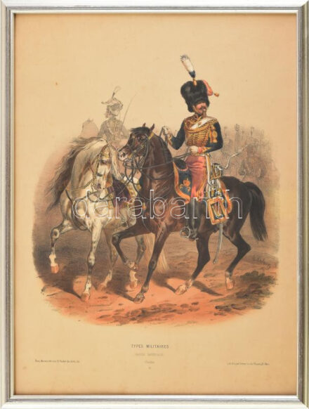 Garde impérial, types militaires. Színezett litográfia, papír. Jelzés nélkül. Üvegezett fakeretben. 44,5x33 cm