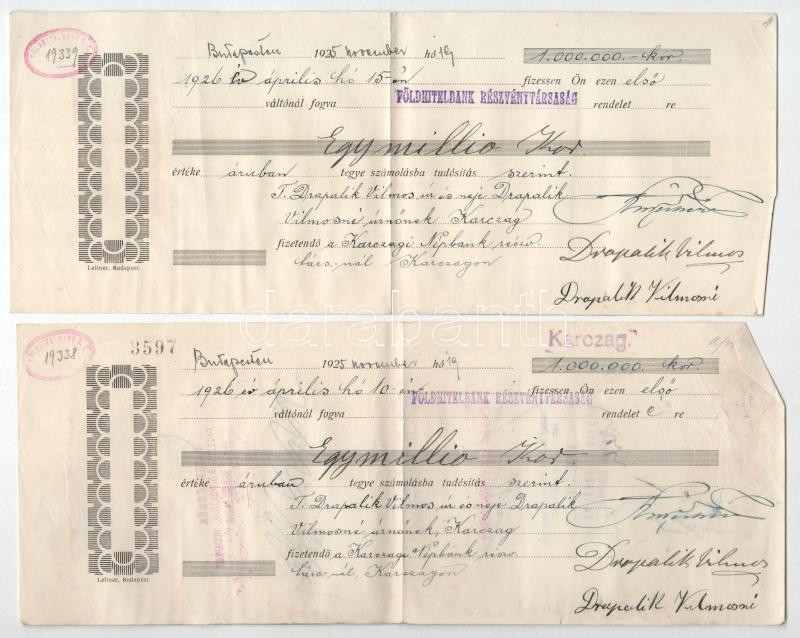 Budapest 1925-1926. 9 darab 'Földhitelbank Részvénytársaság' kitöltött váltó T:II,II- szakadások